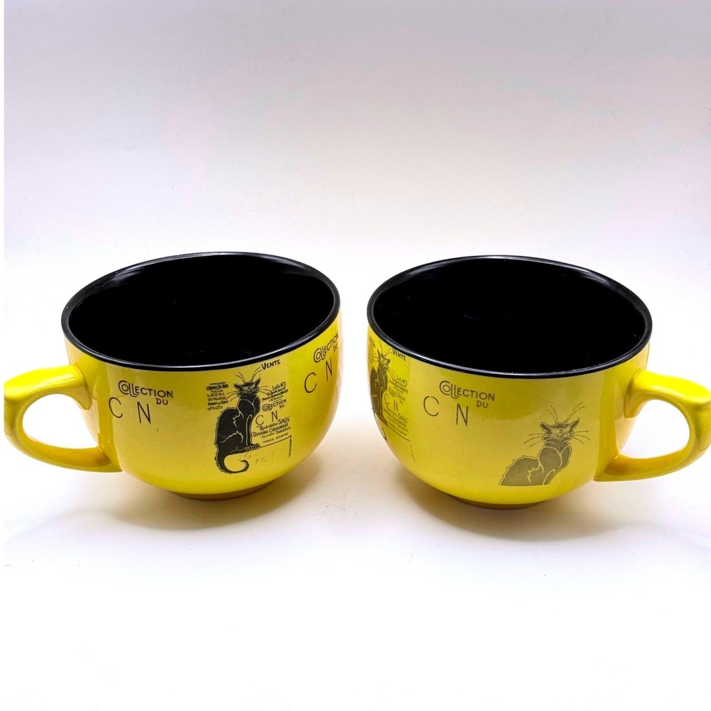 Nem Tours Le Chat Noir Oversized Mugs Set of 2 Yellow Black French Decor